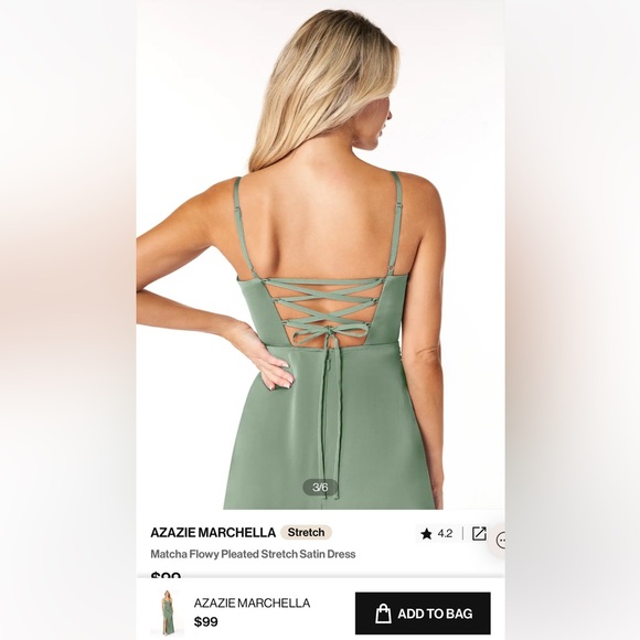 AZAZIE MARCHELLA Bridesmaid Dress Matcha Flowy Pleated Stretch Satin Dress - Picture 6 of 7